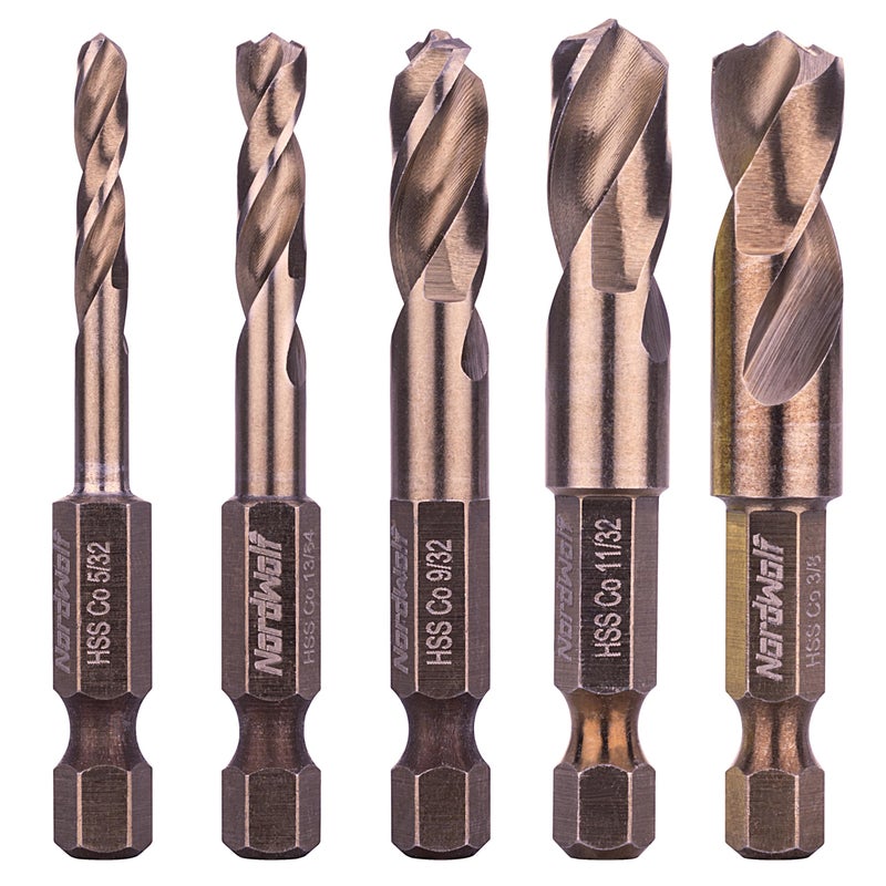 NordWolf 5-Piece M35 Cobalt Stubby Drill Bit Set for Stainless Steel & Hard Metals  with 1/4"" Hex Shank for Quick Chucks & Impact Drivers  SAE Sizes 5/32""-13/64""-9/32""-11/32""-3/8"" in Storage Case - Image 1